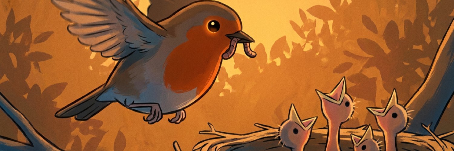 a european robin perched on a nest rim, holding one worm, over five gaping chicks